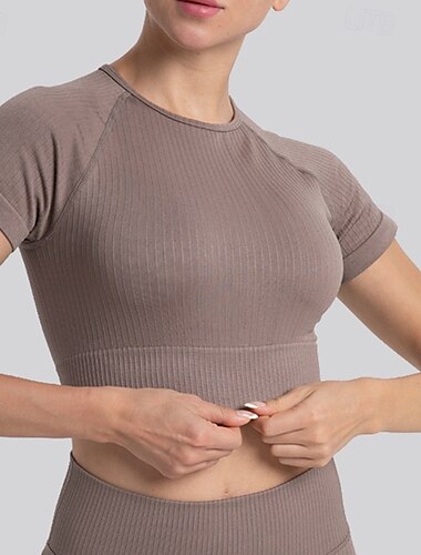  Damen Yoga Top Rundhalsausschnitt Schnelltrocknend Atmungsaktiv Capri Kurzarm Sport Einfarbig Oberteil Für Fitnesstraining Tanz Pickleball Sportkleidung
