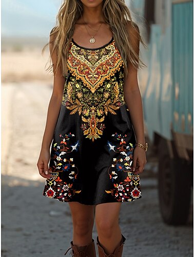  Női Boho Ruha Nyugati Ruha Vintage Mini Ruha A Vonal Ruha Nyári Ruha Vállat Letoló Ruha Szabadság Laid-back Ünnep Szabványos Fit Ombre Grafika Absztrakt Ujjatlan U Nyak Sárga Nyár