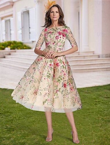  A-Linien-Kleid für die Hochzeit am Strand, elegantes Vintage-Kleid für die Mutter der Braut, V-Ausschnitt, knöchellang, wadenlang, Tüll, halbe Ärmel, mit Stickerei, Blumenapplikationen 2025