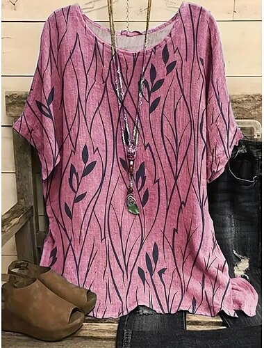  Dames Shirt Bloemen Bohemia Vintage Etnisch Halve Mouw Crew Neck Regular Tops Dagelijks Uitgaan Vakantie Linnenachtig Draag Print Geel Roze Blauw Groen Grijs Zomer Lente