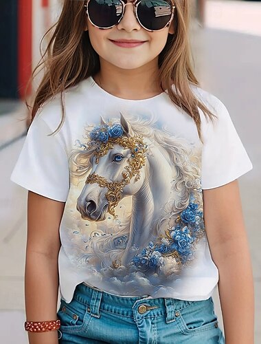  Mädchen 3D Pferd T-Shirt Kurzarm Sommer Frühling Mode Basic Kinder 4-12 Jahre Rundhalsausschnitt Outdoor Lässig Täglich Normale Passform