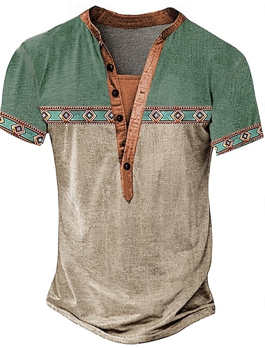  Homme Tribal T-shirt Chemise Henley Manche Courte Designer Basique Bohème Extérieur Occasionnel Quotidien Été Bleu lagune Vert Claire Bleu Ciel Kaki Henley T-shirt Henley
