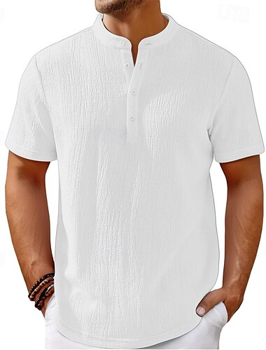  Herren Hemd Sommerhemd Freizeithemd Strandhemd Knopfhemd Schwarz Weiß Marineblau Kaki Beige Kurzarm Einfach Henley Ferien Alltagstauglich Button-Down Bekleidung Polyester Mode Lässig Bequem