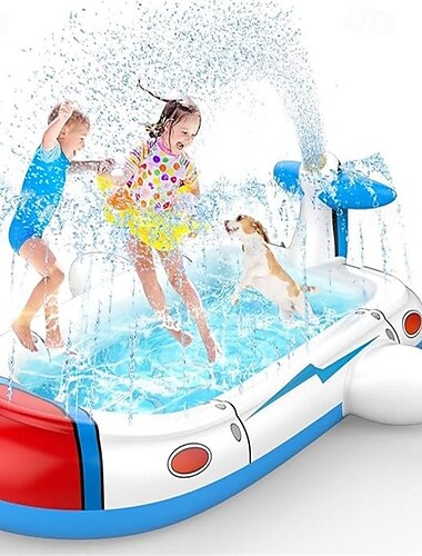  piscine gonflable triple pour enfants de 4 à 8 ans, adaptée aux enfants dans le jardin &Tapis de jeu extérieur avec arroseur et pataugeoire adapté aux enfants de 3-4-5-6 ans