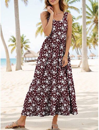  Women's Midi Dress Sundress A Line Dress Off The Shoulder Dress Elegant Vacation Casual Regular Fit Floral Graphic Sleeveless U Neck Scoop Neck Wine Blue Green Summer Spring