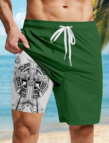  Herren Dunkel Keltisches Kreuz Gefütterte Shorts 2 in 1 Badeshorts Badeshorts Mittlere Taille Hawaiianisch Retro Vintage Ferien Streetwear Seitentaschen Mit Kompressionsfutter Elastischer Kordelzug