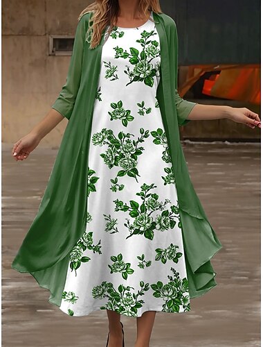  Damen Kleid Set Midi Kleid Sommerkleid Lässig Semi-Formal Floral Grafik Druck 3/4 Länge Ärmel Rundhals Alltag Urlaub Blau Lila Grün Sommer Frühling Regulär Fit