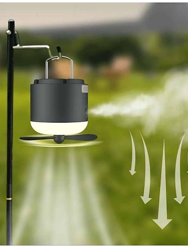  1 ventilador de camping para exteriores con pulverizador multifunción, atenuación de cuatro velocidades, atenuación de dos velocidades, carga USB, gancho de suspensión