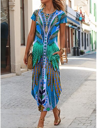  Damen Midikleid T-Shirt-Kleid Sommerkleid Lässig Boho Strand Täglich Normale Passform Blumen Grafik Stammes Kurzarm Rundhalsausschnitt Dunkelgelb Rote Blau Purpur Sommer