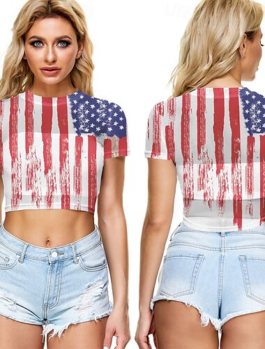  Unabhängigkeitstag 4. Juli USA Flagge T-Shirt Bauchfreies Top Manga USA Flagge Grafik Für Damen Erwachsene Maskerade 4. Juli 3D-Druck Festival