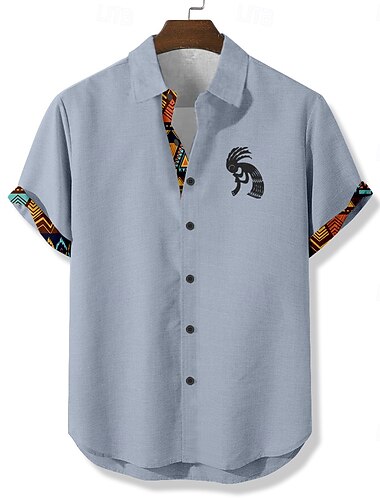  Herren aztekisch Ethnisch Kokopelli Hemd Sommerhemd Knopfhemd Kurzarm Vintage-Retro Urlaub Alltagskleidung Strandbekleidung Sommer Frühling Umlegekragen 3D-Druck Leinenähnliches Hemd Blau Grün Khaki