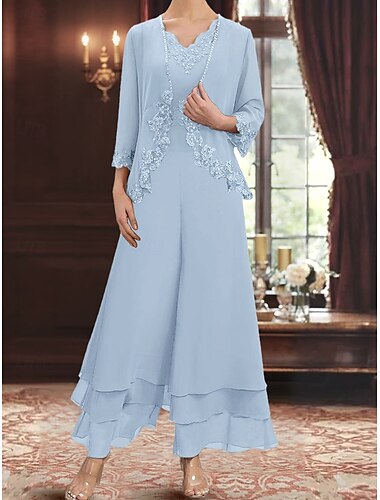  Ensembles de Robes Robe de Mère de Mariée  robe demoiselle d honneur Élégant Simple Col en V Longueur au sol Polyester manche longue avec Broderie 2025