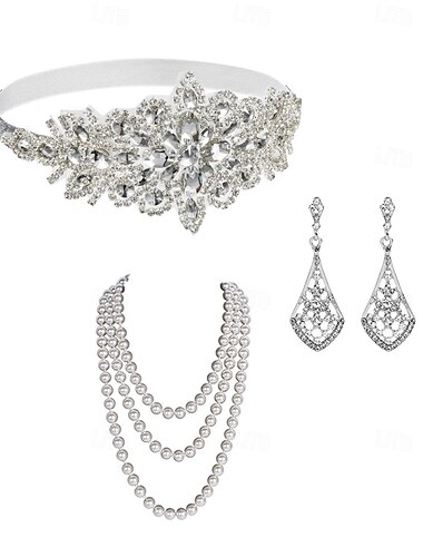  1920er Der große Gatsby Flapper-Stirnband Perlenarmband Ohrringe Der große Gatsby Feder Retro Funkelnder Glitzer Kristall / Strass Damen Karneval Valentinstag Maskerade Party-Abendmode Maskerade
