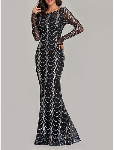  Kleid Brautmutterkleid Elegant Party Rundhalsausschnitt Bodenlang Polyester Langarm mit Paillette 2025