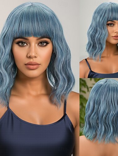  Perucas sintéticas Ondulado Onda de Água Corte em Camadas Franja Lisa Fabrico à Máquina Peruca 12 polegadas A1 Cabelo Sintético Mulheres Clássico Adorável Confortável Azul