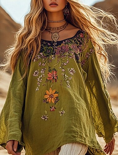  Dam västerländsk blus Boho skjorta Blus Blomma Ledigt Boho Långärmad Rund hals Vanliga toppar Dagligen Helgdag Mönster Grön Aprikos Sommar
