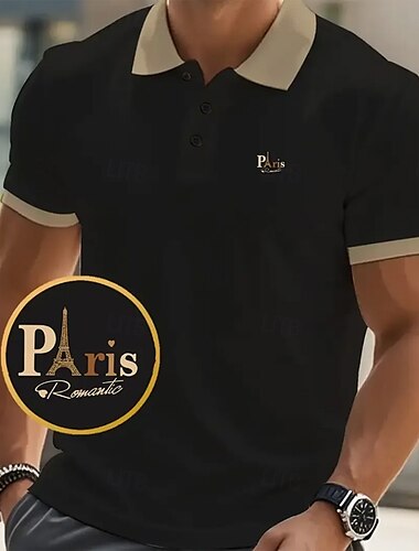  Herren Text Eiffelturm Polo Kurzarm Polo-Shirts Hemden mit Kragen Business-Casual Schule Athleisure Alltagskleidung 3D-Druck Sommer Schwarz Rosa Marineblau