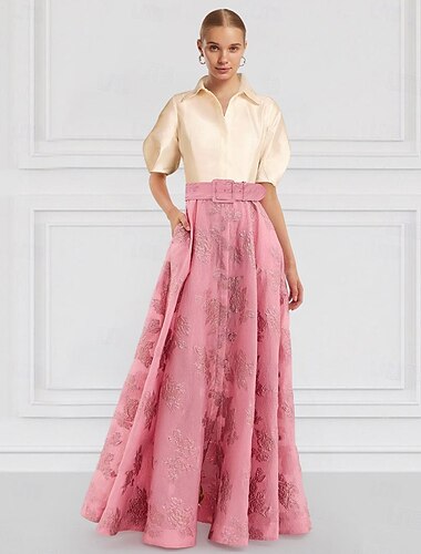  Rosa A-Linie Abendkleid Elegantes Kleid Formal Hochzeitsgast Bodenlange Halbärmel Hemdkragen Gürtel  Schärpe Nylon mit Blumenmuster Hochzeitsgastkleid 2025