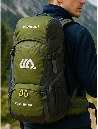  50l Wanderrucksack für Damen und Herren – wasserdichter Outdoor-Campingrucksack mit Regenschutz, verstellbaren Gurten und mehreren Fächern für Trekking und Reisen