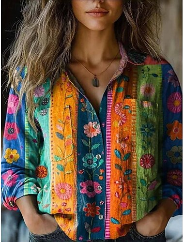  Damen Hemd Blumen Stilvoll Modern Langarm Hemdkragen Normale Oberteile Täglich Ferien Knöpfe Tasche Druck Weiß Gelb Blau Regenbogen Sommer