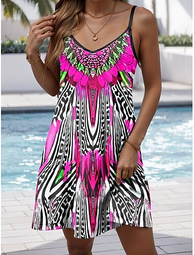  Damen Minikleid A Linie Kleid Sommerkleid Unterkleid Urlaub Lässig Täglich Normale Passform Grafik Stammes Abstrakt Ärmellos V Ausschnitt Blau Purpur Orange Sommer