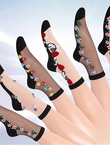  6 pares de calcetines de malla transparente con bordado floral para comodidad delgada