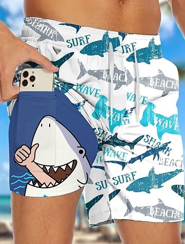  Herren Hai Lustig Meeresbewohner Gefütterte Shorts 2 in 1 Badeshorts Badeshorts Mittlere Taille Hawaiianisch Urlaub Strandbekleidung Seitentaschen Mit Kompressionsfutter Elastischer Kordelzug in der