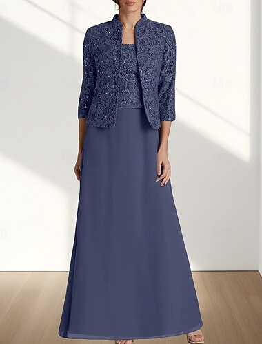  Tweedelig A-lijn Moeder van de bruid jurk Bruiloft gast Elegant Vierkante hals Tot de grond Chiffon Kant 3/4 mouw met Kant 2025