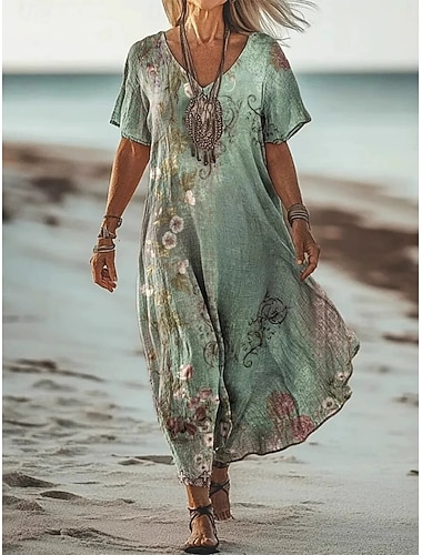  Γυναικεία Μακρύ Φόρεμα Μάξι Φόρεμα Καθημερινό φόρεμα Καλοκαιρινό φόρεμα Φόρεμα Boho αφρικανός Διακοπές Καθημερινά Σαββατοκύριακο Κανονικό Φλοράλ Κοντομάνικο Λαιμόκοψη V