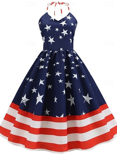  Retro Vintage 1950er Tag der Unabhängigkeit A-Linie Kleid Swing-Kleid Halter USA Flagge Damen Maskerade 4. Juli Alltagstauglich Junggesellinnenabschiedsparty Erwachsene Kleid Sommer
