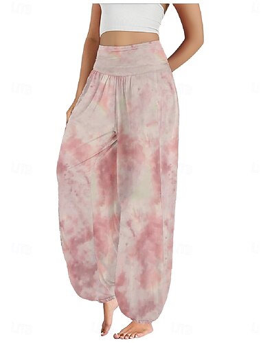  Women's Linen-Inspired Pants Wide Leg Pants Trousers Ethnic Style Casual Boho Full Length High Waist Gradient Pocket Elastic Waist Printing Breathability Soft Micro-elastic Outdoor Yoga Pink Dark