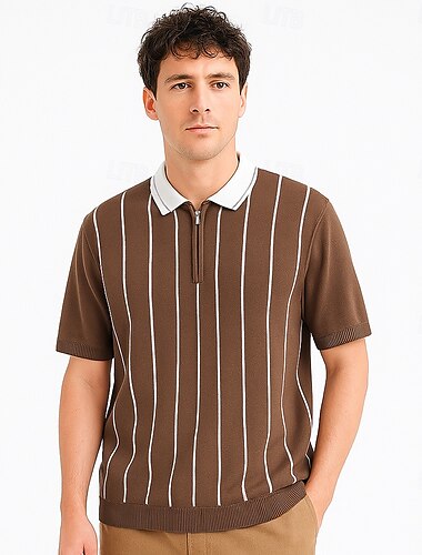  Herren Polo Strick-Polopullover Formell Arbeit Umlegekragen Kurzarm Gestreift Vertikale Streifen Stripe-Trim Streifen Frühling Schwarz Weiß Braun Armeegrün Polo
