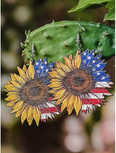  Damen-Ohrringe aus Holz mit amerikanischer Flagge und Sonnenblumenmotiv – patriotischer, leichter Statement-Schmuck im Boho-Stil für den Unabhängigkeitstag, den 4. Juli, den Memorial Day und Sommerfeste