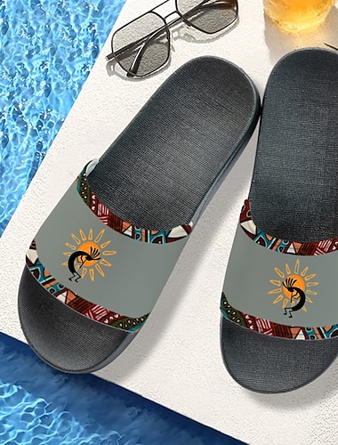  halkfria poolrutschbanor för män med etniskt tryck – lätta sommartofflor med tribal kokopelli-design för stranden och poolen