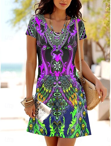  Damen Minikleid T-Shirt-Kleid A Linie Kleid Sommerkleid Lässig Täglich Normale Passform Grafik Stammes Kurzarm Rundhalsausschnitt Blau Purpur Orange Grün Sommer Frühling