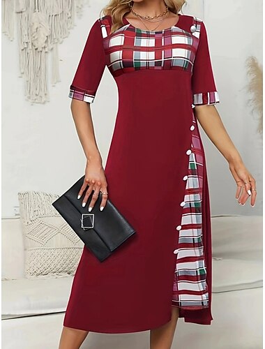  Damen Midikleid A Linie Kleid Urlaub Lässig Outdoor Ausgehen Standard Passform Grafik Karomuster Halbarm Rundhalsausschnitt Schwarz Gelb Wein Purpur Sommer