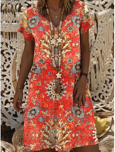  Femmes Mini Robe Robe trapèze Robe d'été Occasionnel Quotidien Coupe régulière Fleuri Graphique Tribal Manche Courte Col en V Orange Été Printemps