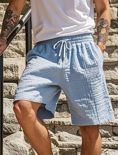  Bărbați Pantaloni Scurți Pantaloni scurți din in Pantaloni scurți de vară Pantaloni scurți de plajă Pantaloni scurți Seersucker Cordon Talie elastică Simplu Confort Respirabil Lungimea genunchiului