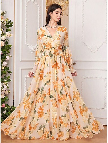  Dress Mother of the Bride Dress Elegant V Neck Floor Length Chiffon Long Sleeve with Sash / Ribbon Ruffles Wedding Guest Dress