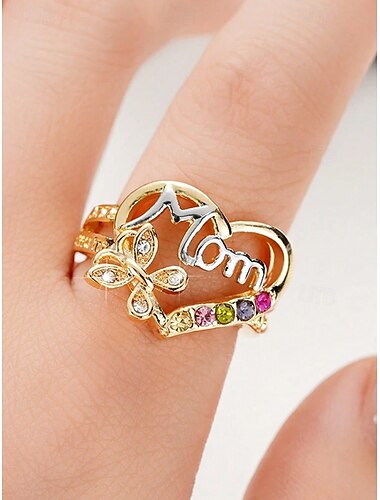  Bague « maman » en or en forme de cœur avec cristaux colorés et accent papillon – cadeau de fête des mères, bijoux pour mamans, style sentimental