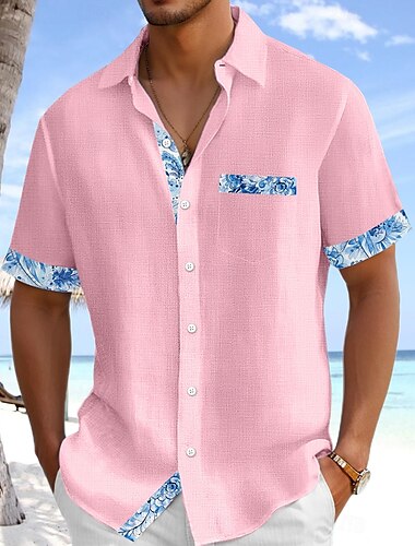  Herren Hemd Leinenhemd Sommerhemd Strandbekleidung Knopfhemd Einfarbig Urlaub Kreuzfahrt Weiß Rosa Marineblau Leicht Blau Kurzarm Kragen Sommer Frühling & Sommer Bekleidung Farbblock