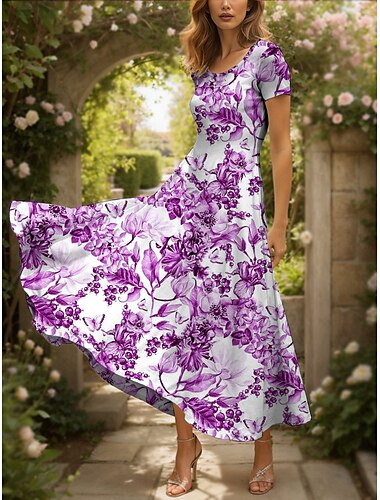  Damen Maxikleid Freizeitkleid Sommerkleid A Linie Kleid Elegant Urlaub Vintage Normale Passform Blumen Grafik Kurzarm Quadrathals Rundausschnitt Gelb Rote Blau Purpur Sommer Frühling