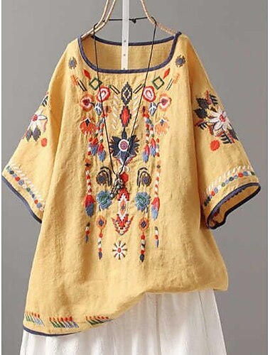  Damen Bluse Blumen Bohemien Basic Lässig Halbarm Rundhalsausschnitt Normale Oberteile Täglich Bestickt Weiß Gelb Rote Sommer