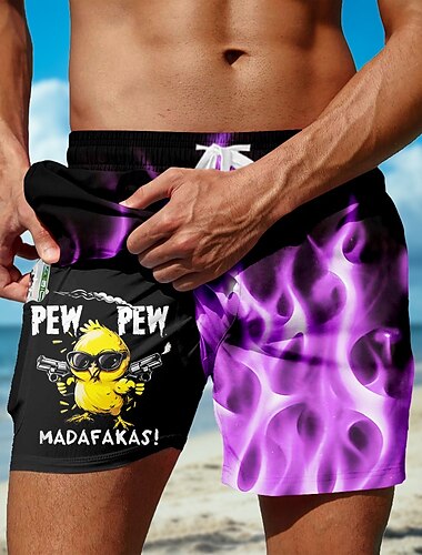 Herren Flamme Lustig Ente Gefütterte Shorts 2 in 1 Badeshorts Badeshorts Mittlere Taille Hawaiianisch Urlaub Ferien Strandbekleidung Seitentaschen Mit Kompressionsfutter Elastischer Kordelzug in der