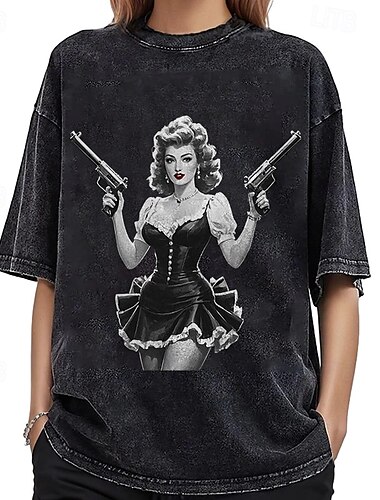  T-Shirt Übergroßes Acid-Wash-T-Shirt Retro Poster Retro-Mädchen Grafik Für Paar Herren Damen Erwachsene Maskerade Heißprägen Alltagstauglich