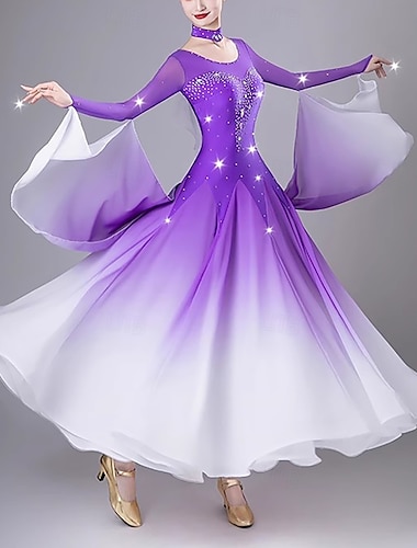  elegant ballroom dansklänning kvinnors prestanda valsdansklänning långärmad strass moderna danskläder kostymer