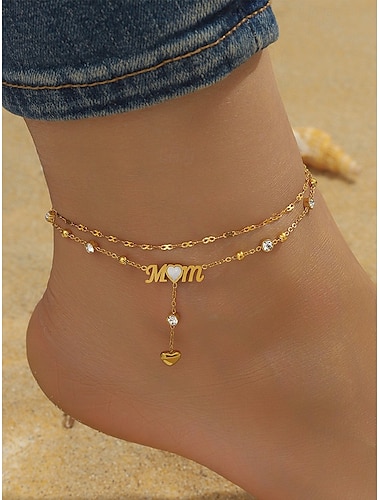  Tobillera con dije de corazón "Mamá" en tono dorado para mujer: diseño de cadena de cristal de doble capa para madres, elegante joyería de playa, regalo perfecto para el Día de la Madre.