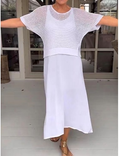  Damen Kleid Set Maxi Kleid Einfarbig Sommerkleid Latzkleid Lässig Schlicht Ausgeschnitten Halber Ärmel Rundhals Alltag Schwarz Weiß Aprikose Sommer Frühling Normale Passform