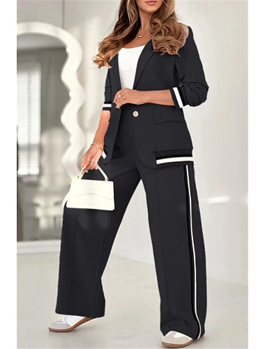  Kvinnors 2 Delar Elegant Mode Streetwear Byxor Set Blazer Kostymer Långärmad Skjorta Krage Randig Utomhus Arbete Svart Vit Brunt Sommar Regular Fit