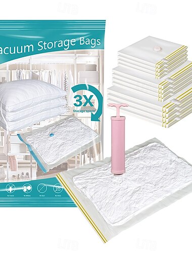  Paquete de 10 bolsas de almacenamiento al vacío para viajes con bomba manual, bolsas de sellado por compresión que ahorran espacio para ropa, mantas, edredones, bolsas de embalaje para equipaje de mano y maletas, bolsas ziplock reutilizables